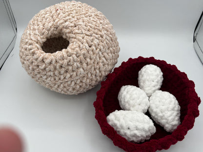 Mabel Chicken Plushie, Large with a nest and 3 eggs, Handmade